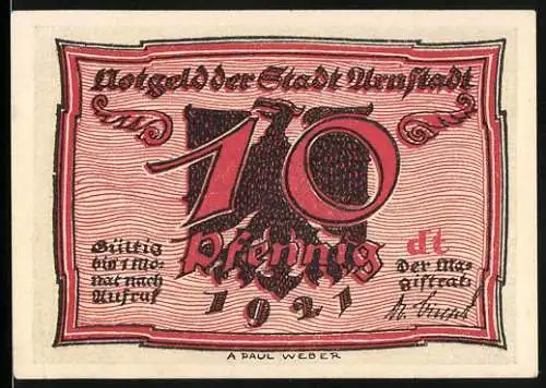 Notgeld Arnstadt 1921, 10 Pfennig, Adler frisst Scheine und legt Goldmünzen
