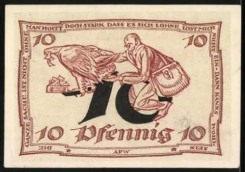 Notgeld Arnstadt 1921, 10 Pfennig, Adler frisst Scheine und legt Goldmünzen
