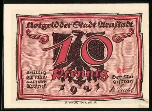 Notgeld Arnstadt 1921, 10 Pfennig, Männer mit Zigarre und Sektflasche