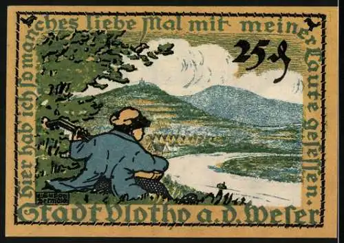 Notgeld Vlotho /Weser 1921, 25 Pfennig, Mann mit Laute blickt über die Weser
