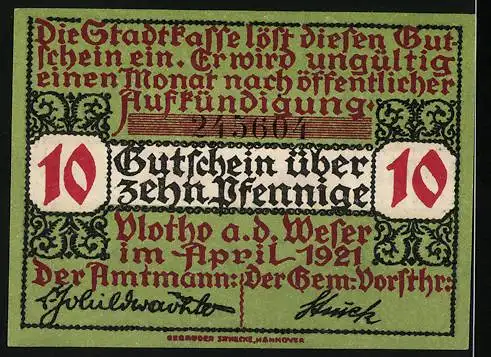 Notgeld Vlotho /Weser 1921, 10 Pfennig, Wappen, Gutschein