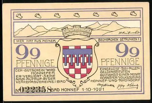 Notgeld Bad Honnef 1921, 99 Pfennig, Löwenburg zur Ritterzeit, Wappen