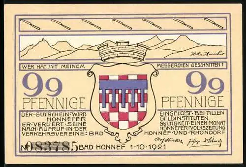 Notgeld Bad Honnef 1921, 99 Pfennig, Karl Simrocks Haus, Wappen, Gutschein