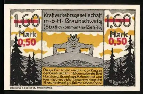 Notgeld Braunschweig 1921, 50 Pfennig, Kraftverkehrsgesellschaft, Teufel und fliegen auf Besen