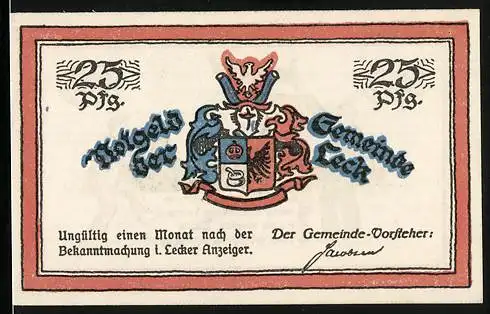 Notgeld Leck, 25 Pfennig, Wappen, Mann mit Würsten auf dem Weg zu Mann mit dänischer Fahne