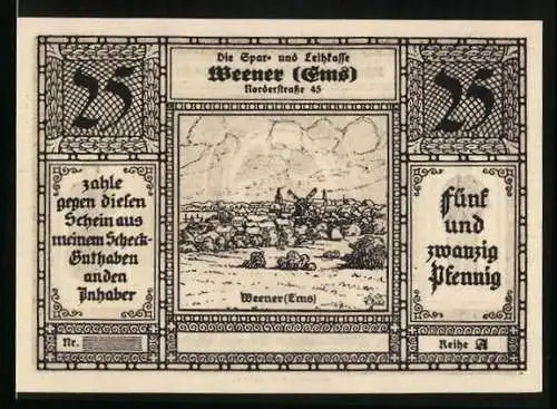 Notgeld Weener (Ems) 1922, 25 Pfennig, Ortsansicht und Wappen