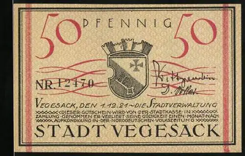 Notgeld Vegesack 1921, 50 Pfennig, Wappen und Kirche