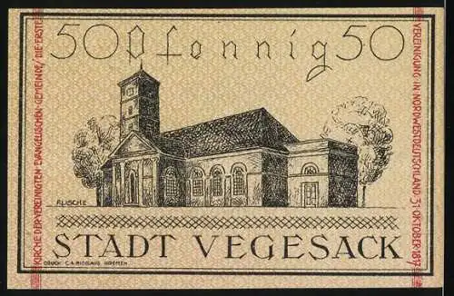 Notgeld Vegesack 1921, 50 Pfennig, Wappen und Kirche
