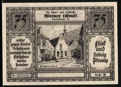 Notgeld Weener (Ems) 1922, 75 Pfennig, alte Ortspartie und Wappen