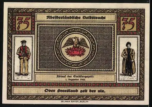 Notgeld Weener (Ems) 1922, 75 Pfennig, alte Ortspartie und Wappen