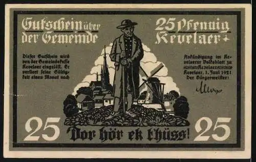 Notgeld Kevelaer 1921, 25 Pfennig, Wappen, Mann in Tracht