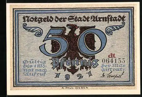 Notgeld Arnstadt 1921, 50 Pfennig, Plünderung durch die Scharen Banners 1640