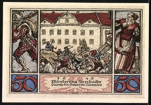 Notgeld Arnstadt 1921, 50 Pfennig, Plünderung durch die Scharen Banners 1640