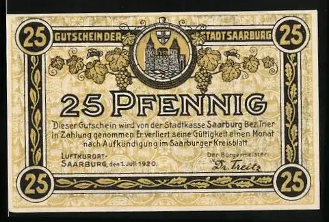 Notgeld Saarburg 1920, 25 Pfennig, Wappen, Ortsansicht um 1800