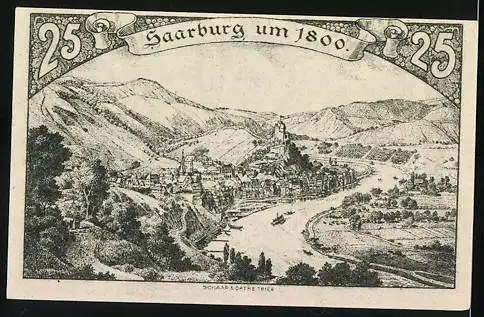 Notgeld Saarburg 1920, 25 Pfennig, Wappen, Ortsansicht um 1800