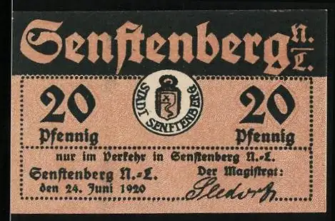 Notgeld Senftenberg 1920, 20 Pfennig, Wappen und Bergmann