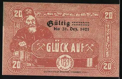 Notgeld Senftenberg 1920, 20 Pfennig, Wappen und Bergmann