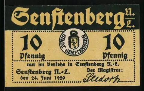 Notgeld Senftenberg 1920, 10 Pfennig, Wappen und Bergmann