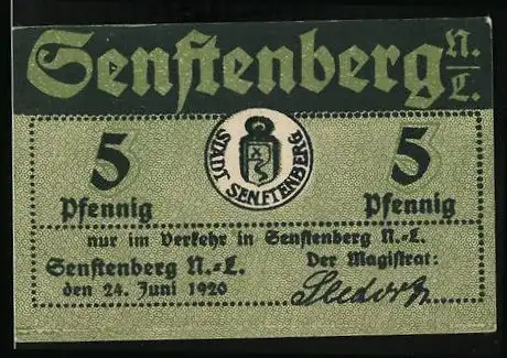 Notgeld Senftenberg 1920, 5 Pfennig, Wappen und Bergmann