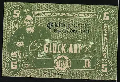 Notgeld Senftenberg 1920, 5 Pfennig, Wappen und Bergmann