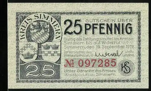 Notgeld Simmern 1919, 25 Pfennig, Wappen, Schinderhannes-Turm