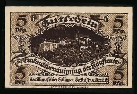 Notgeld Klostermansfeld 1920, 5 Pfennig, Schloss Mansfeld