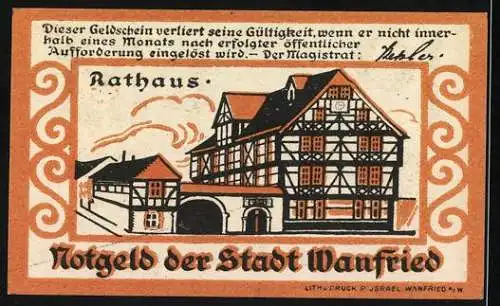 Notgeld Wanfried, 10 Pfennig, Siegel der Stadt und Rathaus