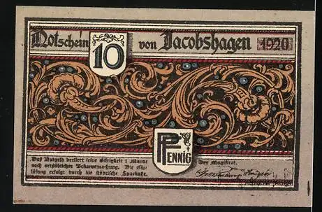 Notgeld Jacobshagen 1920, 10 Pfennig, ein Engel