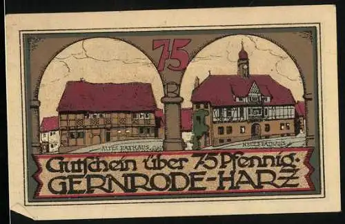 Notgeld Gernrode /Harz 1921, 75 Pfennig, Altes und Neues Rathaus