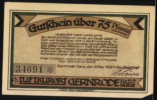 Notgeld Gernrode /Harz 1921, 75 Pfennig, Altes und Neues Rathaus