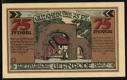 Notgeld Gernrode /Harz 1921, 75 Pfennig, Ortspartie und Taufstein in der St. Cyriaci Kirche