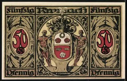 Notgeld Kronach 1921, 50 Pfennig, Ortsansicht und Wappen