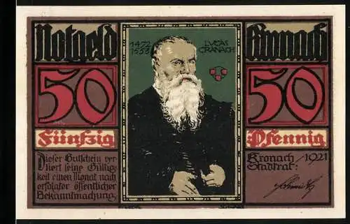 Notgeld Kronach 1921, 50 Pfennig, Portrait Lucas Cranach, Wappen
