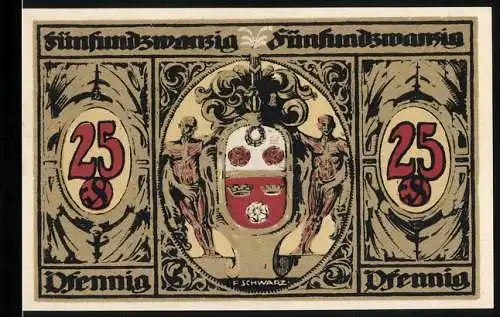 Notgeld Kronach 1921, 25 Pfennig, Ortsansicht und Wappen
