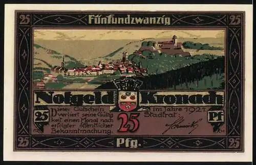 Notgeld Kronach 1921, 25 Pfennig, Ortsansicht und Wappen