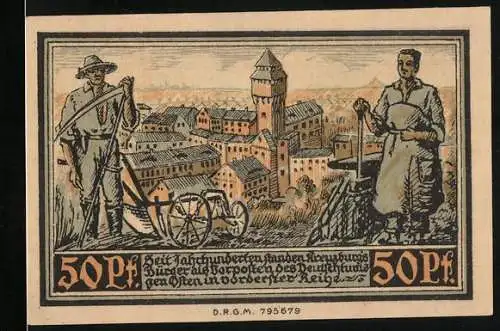 Notgeld Kreuzburg in Oberschlesien 1921, 50 Pfennig, Bauer und Schmied mit Ortsansicht, Wappen