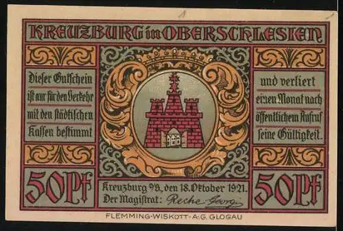 Notgeld Kreuzburg in Oberschlesien 1921, 50 Pfennig, Bauer und Schmied mit Ortsansicht, Wappen