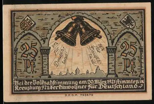 Notgeld Kreuzburg in Oberschlesien 1921, 25 Pfennig, Glockenläuten zur Volksabstimmung, Wappen