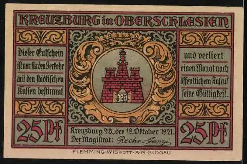 Notgeld Kreuzburg in Oberschlesien 1921, 25 Pfennig, Glockenläuten zur Volksabstimmung, Wappen