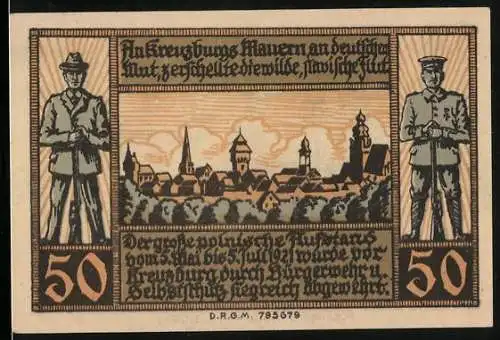 Notgeld Kreuzburg in Oberschlesien 1921, 50 Pfennig, Jäger und Uniformierter mit Ortsansicht, Wappen