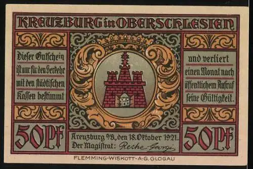 Notgeld Kreuzburg in Oberschlesien 1921, 50 Pfennig, Jäger und Uniformierter mit Ortsansicht, Wappen