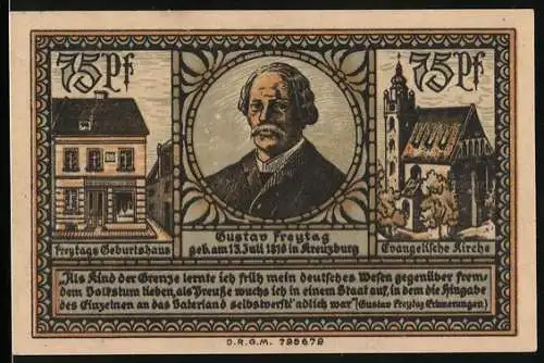 Notgeld Kreuzburg in Oberschlesien 1921, 75 Pfennig, Portrait Gustav Freytag, Wappen