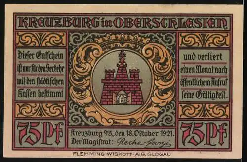 Notgeld Kreuzburg in Oberschlesien 1921, 75 Pfennig, Portrait Gustav Freytag, Wappen