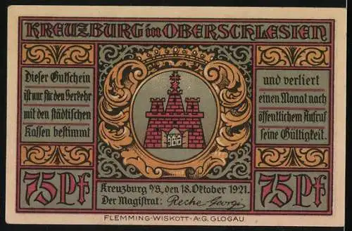 Notgeld Kreuzburg in Oberschlesien 1921, 75 Pfennig, Strassenpartie, Wappen