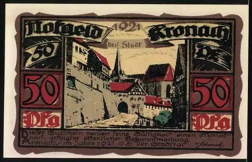 Notgeld Kronach 1921, 50 Pfennig, Ortspartie und Wappen