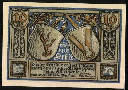Notgeld Forst i. L. 1921, 10 Pfennig, Blick zur Webschule