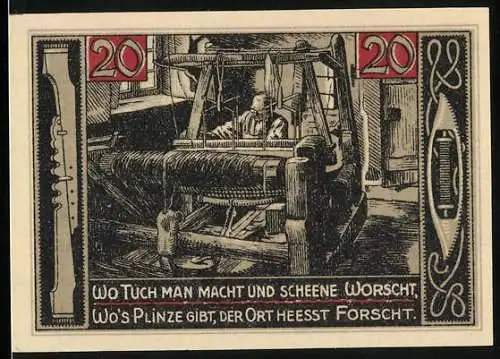 Notgeld Forst i. L. 1921, 20 Pfennig, Weber bei der Arbeit