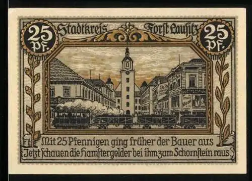 Notgeld Forst i. L. 1921, 25 Pfennig, Ortspartie und Wappen