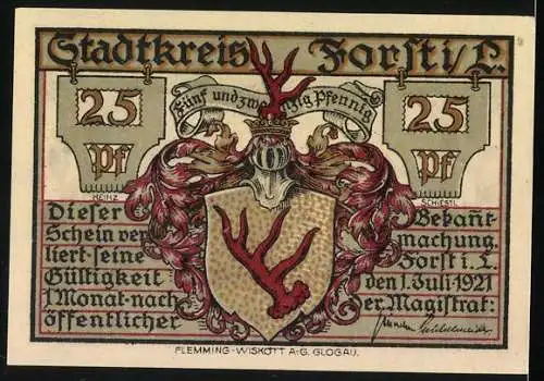 Notgeld Forst i. L. 1921, 25 Pfennig, Ortspartie und Wappen