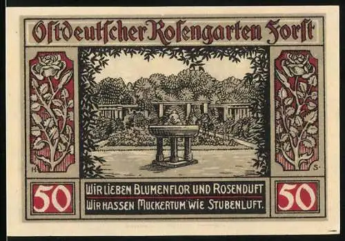 Notgeld Forst i. L. 1921, 50 Pfennig, Ostdeutscher Rosengarten und Wappen